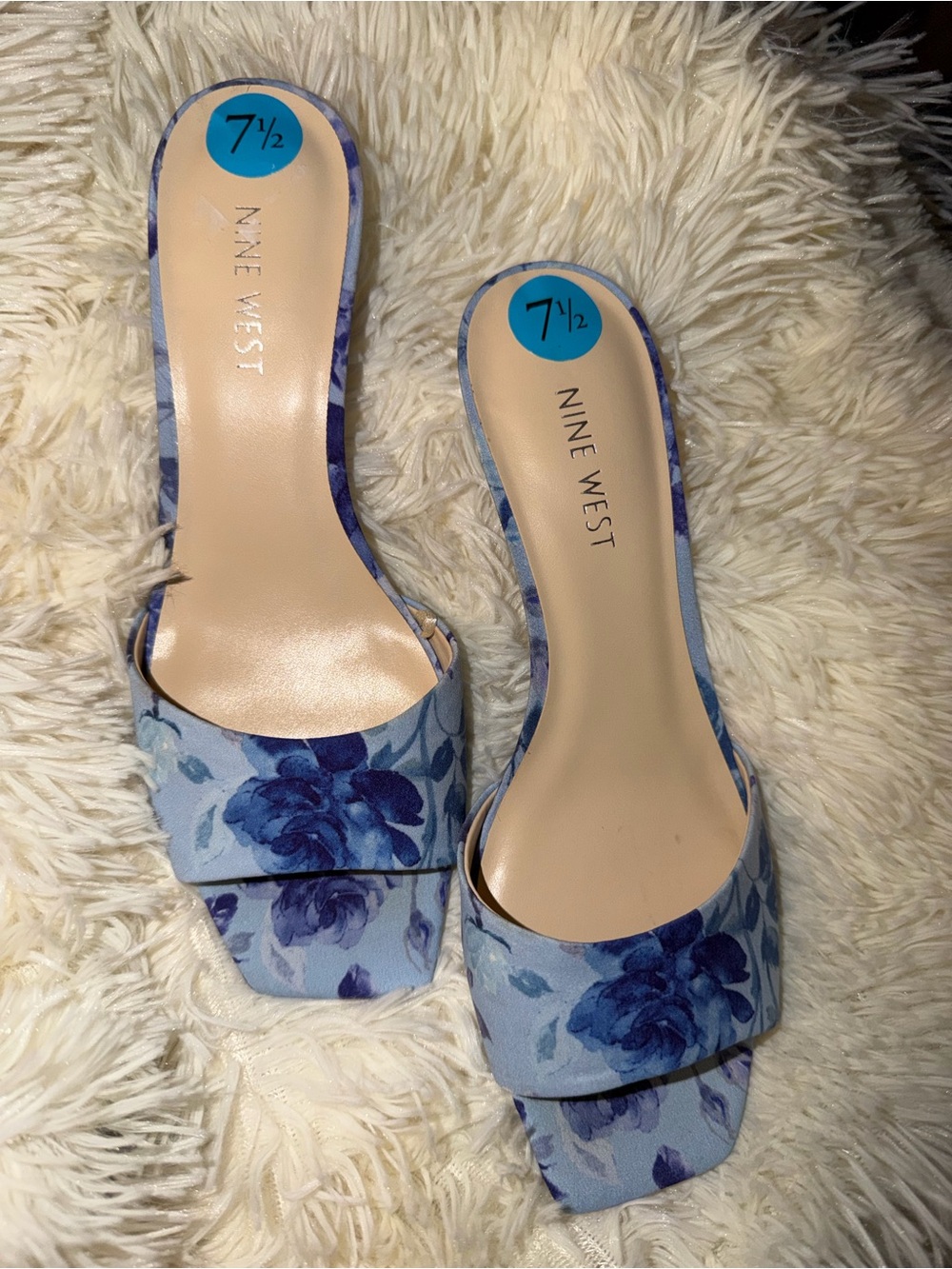 Nine West Blue Floral Open-Toe Slide Mules Women Size 7.5